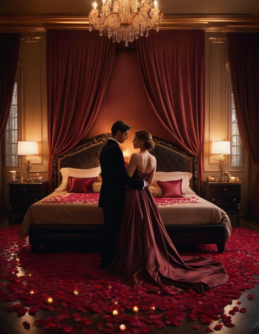A dramatic and enticing scene depicting a dimly lit, luxurious room filled with elegant furniture, soft silk sheets, and flickering candles. In the foreground, a silhouette of a couple in a passionate embrace, surrounded by scattered rose petals, exuding a sense of mystery and allure. The color palette should include deep reds, soft golds, and rich blacks to create a seductive atmosphere. sensual, romantic, atmospheric lighting. super-realistic.